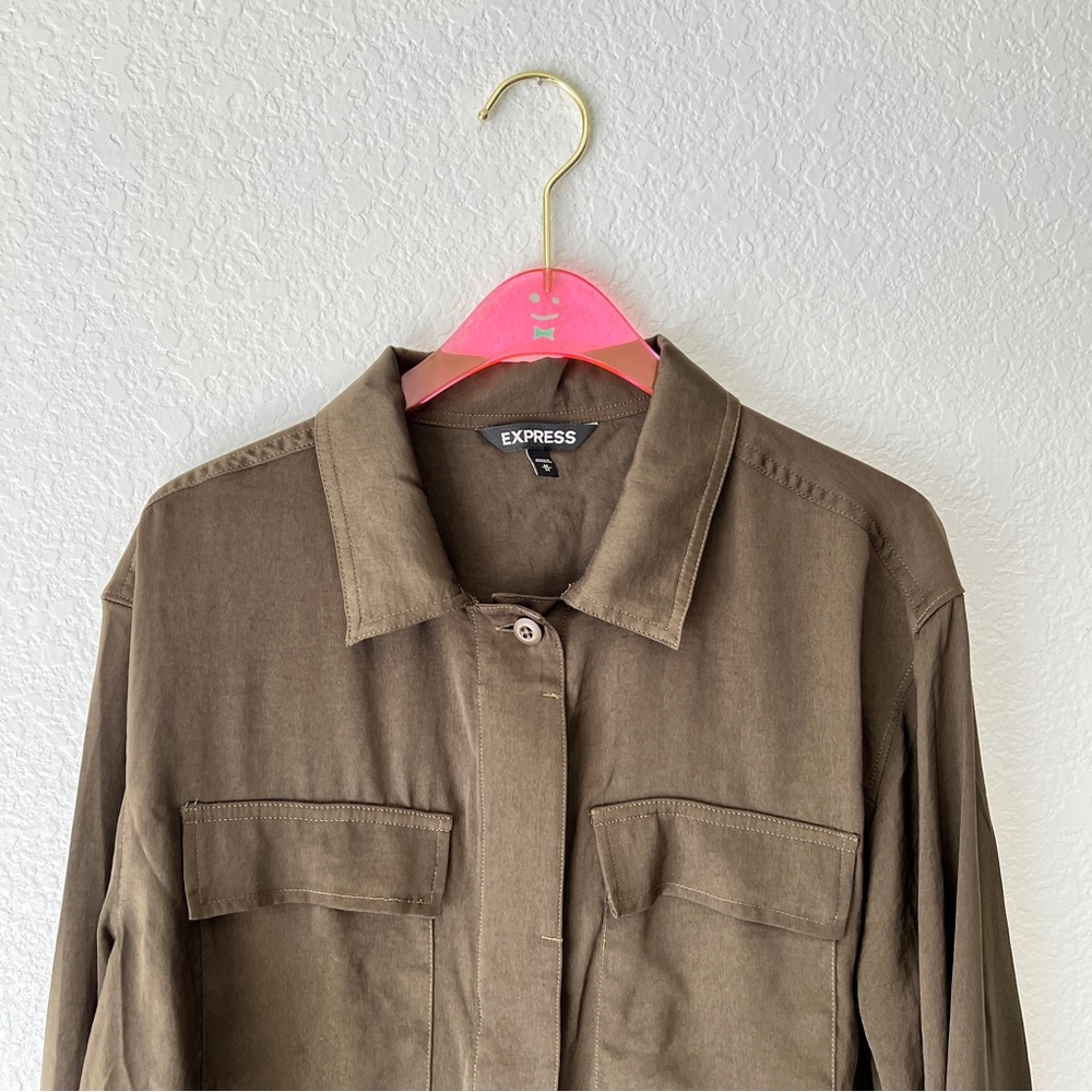 Express Utility Green Satin Button Up Long Sleeve… - image 2